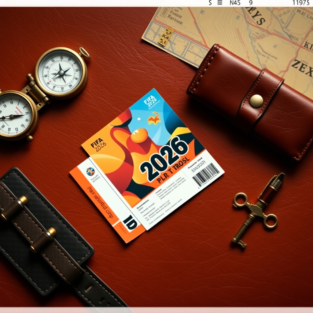 Match ticket and travel kit flat lay