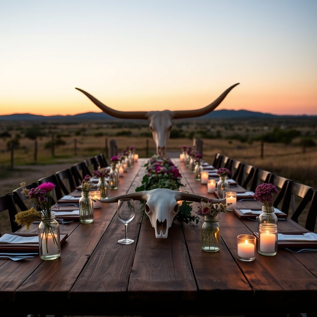 Hill Country ranch dinner table at sunset